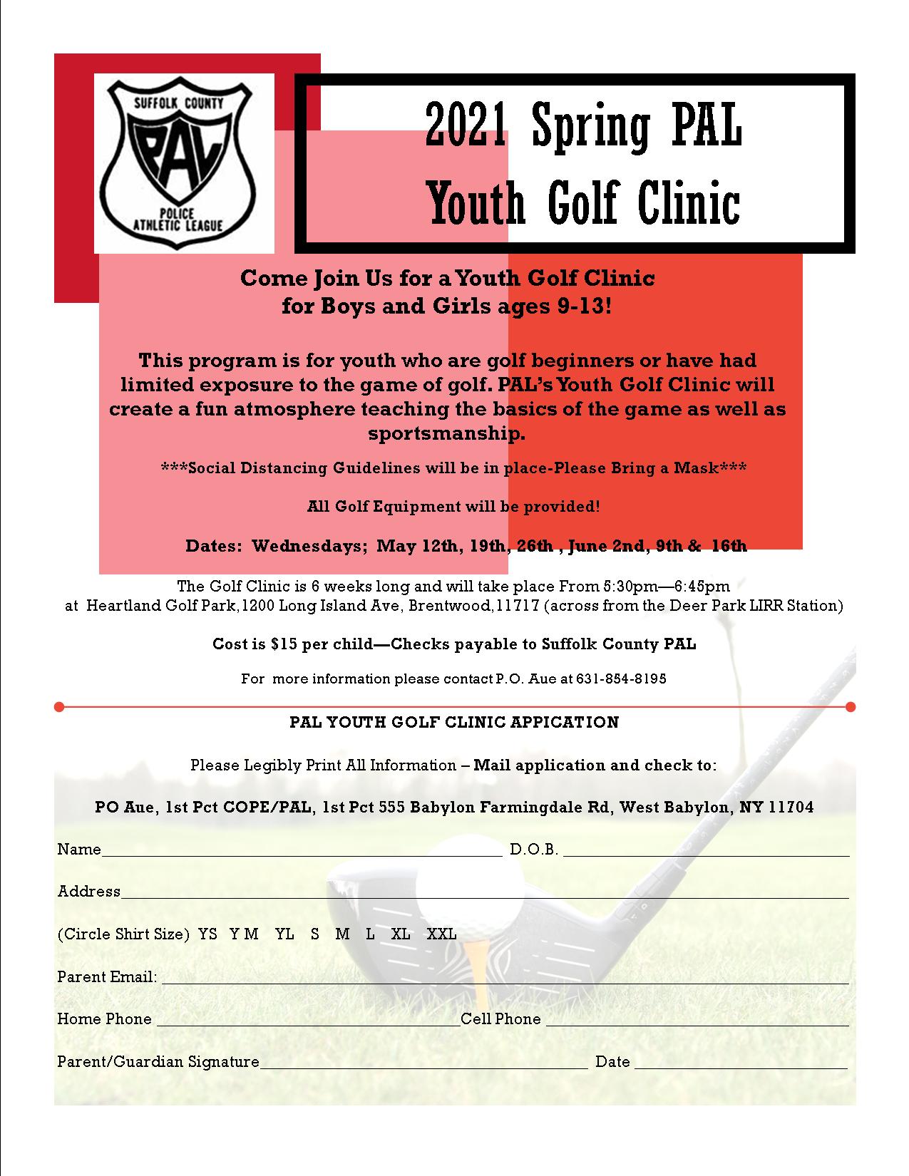 flyer describing the upcoming PAL PAL Youth Golf Clinic events